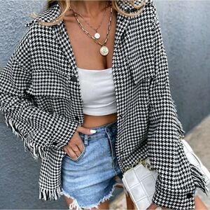 Drop Shoulder Houndstooth Fringe Trim Tweed Coat